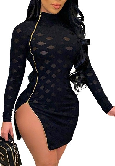 Spring Black Side Zip Up Long Sleeve Sexy Club Dress