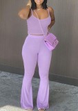Summer Casual Purple Strap Crop Top and High Waist Pants Matching 2PC Set