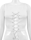 Summer White Lace-Up Sexy Ribbed Tank Crop Top