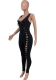 Summer Black Ribbed Sleeveless Lace-Up Sexy Bodycon Jumpsuit