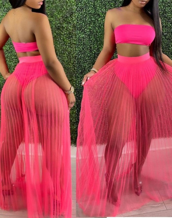 Summer Pink Bandeau Top and Mesh Skirt 2PC Set