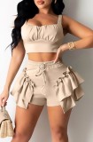 Summer Casual Beige Strap Crop Top and Ruffle Shorts 2PC Matching Set