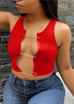 Summer Red Hollow Out Sexy Crop Top sin mangas