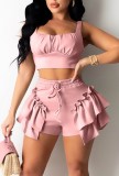 Summer Casual Pink Strap Crop Top and Ruffle Shorts 2PC Matching Set