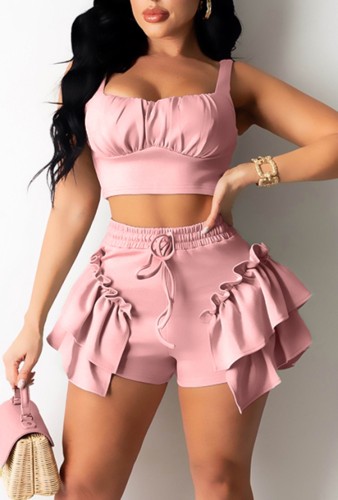 Summer Casual Pink Strap Crop Top and Ruffle Shorts 2PC Matching Set