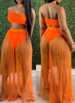Summer Orange Bandeau Top and Mesh Skirt 2PC Set