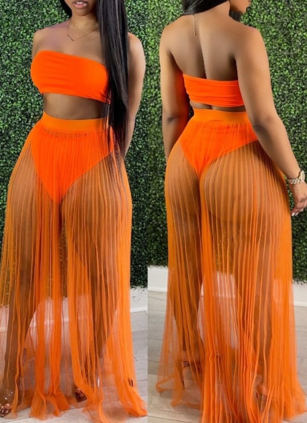 Summer Orange Bandeau Top and Mesh Skirt 2PC Set