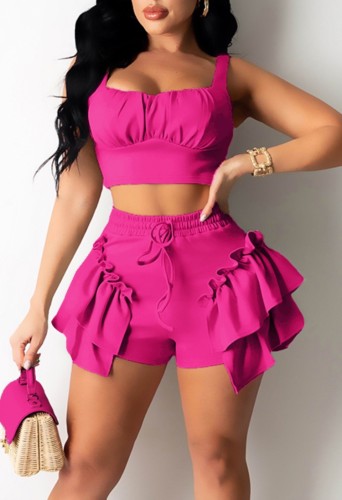 Summer Casual Rose Strap Crop Top and Ruffle Shorts 2PC Matching Set