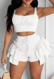 Summer Casual White Strap Crop Top and Ruffle Shorts 2PC Matching Set