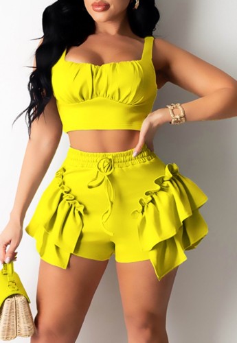 Summer Casual Yellow Strap Crop Top and Ruffle Shorts 2PC Matching Set