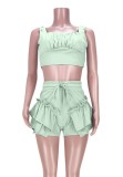 Summer Casual Green Strap Crop Top and Ruffle Shorts 2PC Matching Set