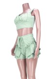 Summer Casual Green Strap Crop Top and Ruffle Shorts 2PC Matching Set