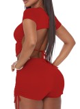 Summer Red Crop Top and Strings Shorts 2PC Jogger Set