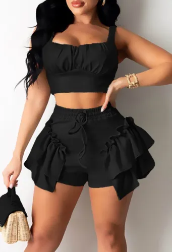Summer Casual Black Strap Crop Top and Ruffle Shorts 2PC Matching Set