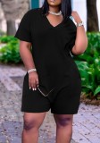 Summer Casual Black V-Neck Short Sleeve Loose Rompers with Pockets