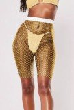 Summer Beading Yellow Fishnet High Waist Shorts Cover-Up