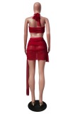 Summer Party Red Sexy Mesh Halter Crop Top and Strings Mini Skirt Set