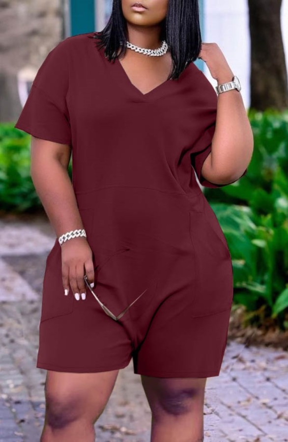 Summer Casual Burgundy V-Neck Short Sleeve Loose Rompers with Pockets