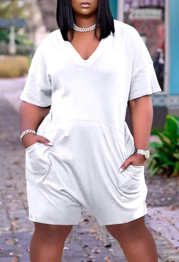 Summer Casual White V-Neck Short Sleeve Loose Rompers with Pockets