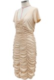 Summer Beige Short Sleeves Elegant Ruched Midi Dress