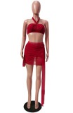 Summer Party Red Sexy Mesh Halter Crop Top and Strings Mini Skirt Set