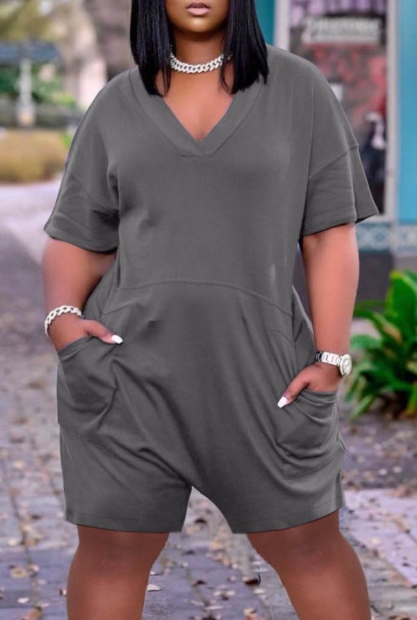 Summer Casual Grey V-Neck Short Sleeve Loose Rompers with Pockets