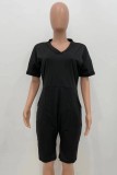 Summer Casual Black V-Neck Short Sleeve Loose Rompers with Pockets