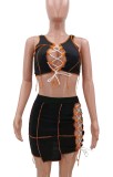 Summer Black Lace-Up Sexy Crop Top and Mini Skirt Set