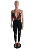 Summer Sexy Black Floral Ripped Strap Denim Jumpsuit