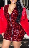Summer Red Leopard Zip Up Sleeveless Mini Leather Dress