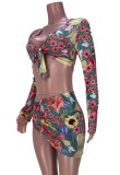 Summer Sexy Floral Long Sleeve Crop Top and Ruched Strings Mini Skirt Matching Set