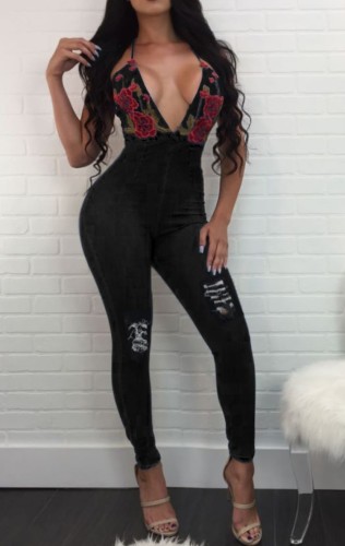 Sommer Sexy Black Floral Ripped Strap Denim Jumpsuit