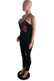 Summer Sexy Black Floral Ripped Strap Denim Jumpsuit