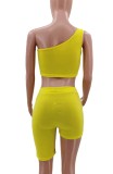 Summer Yellow Tight One Shoulder Crop Top and Biker Shorts Set
