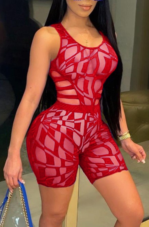 Summer Sexy See Through Red Tight Vest and Shorts Matching Set