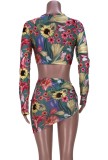 Summer Sexy Floral Long Sleeve Crop Top and Ruched Strings Mini Skirt Matching Set