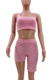Summer Pink Tight One Shoulder Crop Top and Biker Shorts Set
