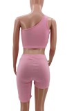 Summer Pink Tight One Shoulder Crop Top and Biker Shorts Set