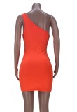 Summer Orange One Shoulder Cut Out Sexy Ruched Strings Club Dress