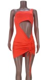 Summer Orange One Shoulder Cut Out Sexy Ruched Strings Club Dress