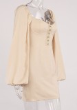 Spring Vintage Beige Puff Sleeves Square Mini Dress