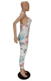 Summer Print White Strap Casual Jumpsuit