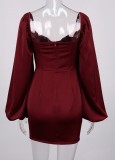 Spring Vintage Red Puff Sleeves Square Mini Dress