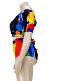 Summer Plus Size Two-Piece Short Sleeves High Waist Colorful Swimwear