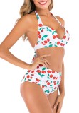 Summer Cherry Print White Two-Piece High Waist Halter Swimwear