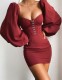 Spring Vintage Red Puff Sleeves Square Mini Dress