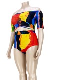 Summer Plus Size Two-Piece Short Sleeves High Waist Colorful Swimwear