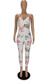 Summer Print White Strap Casual Jumpsuit