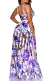 Summer Floral Purple Wide Strap High Waist Long Maxi Dress