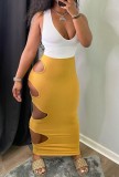 Summer White Ribbed Vest and Hollow Out Yellow Skirt 2PC Set